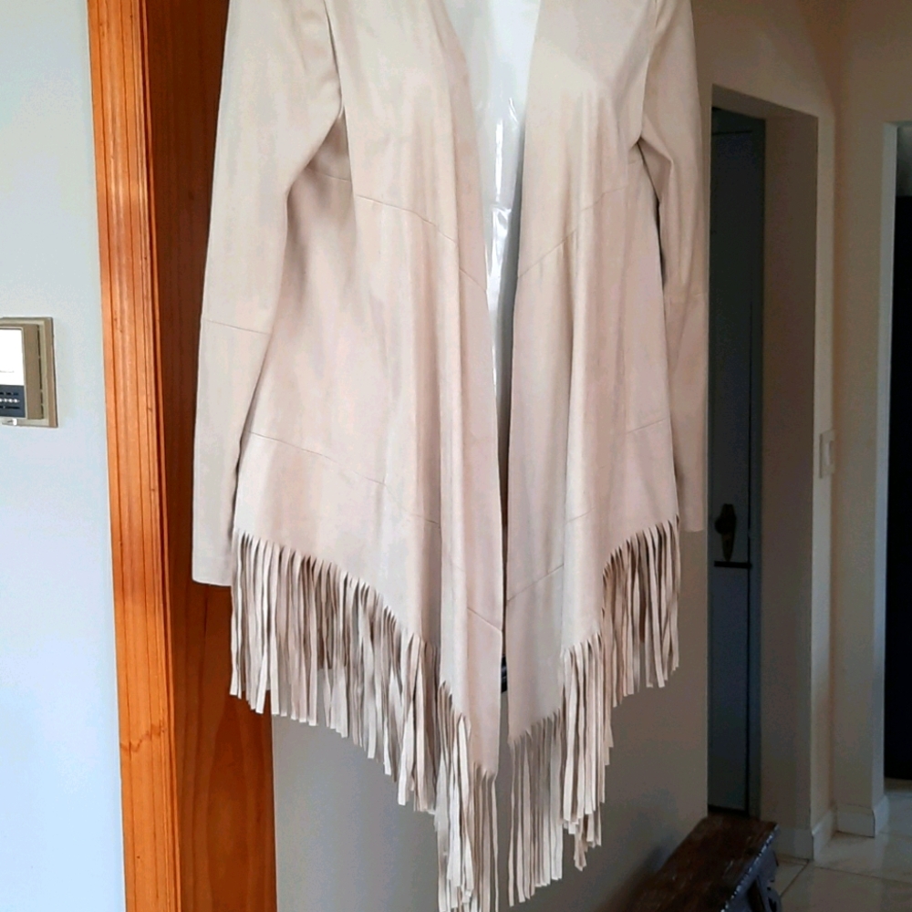 TAHARI faux Suede fringe jacket